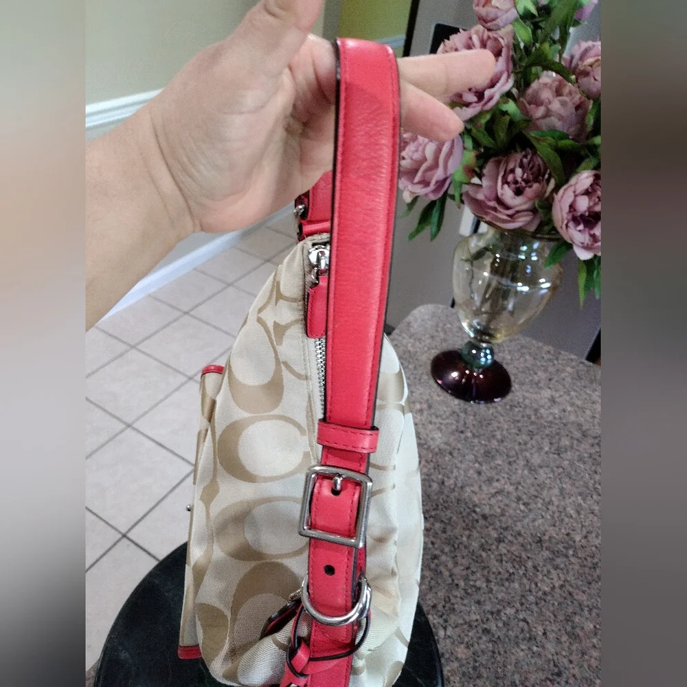 Coach Legacy Signature Courtney Hobo Bag Khaki and Coral Style #22392